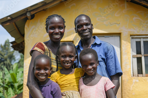 Family smiling in front of their new home, illustrating personal success photo