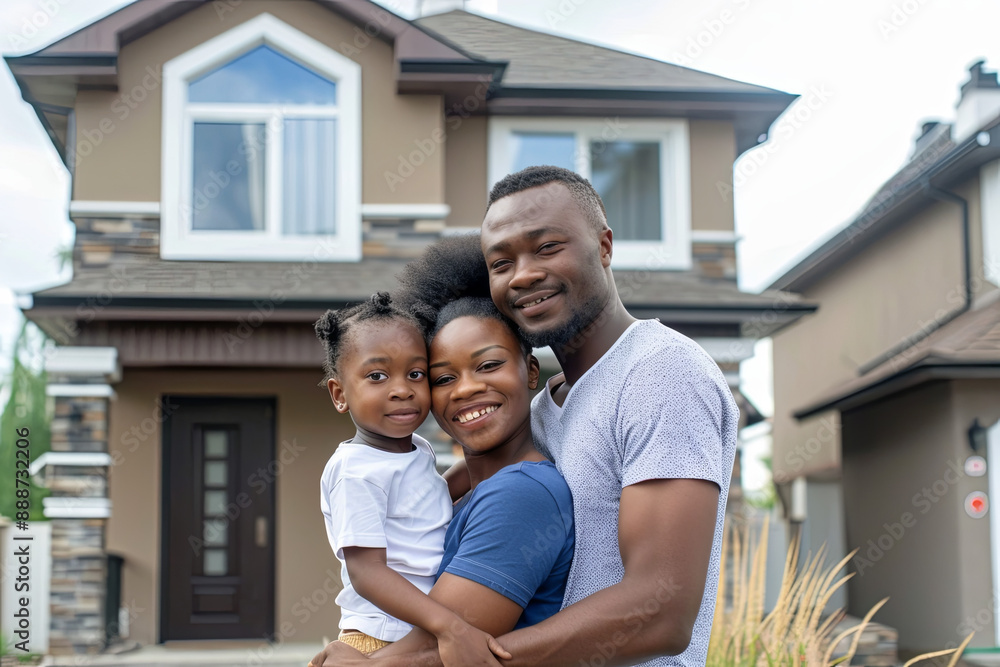 Family smiling in front of their new home, illustrating personal success Family smiling in front of their new home, illustrating personal success