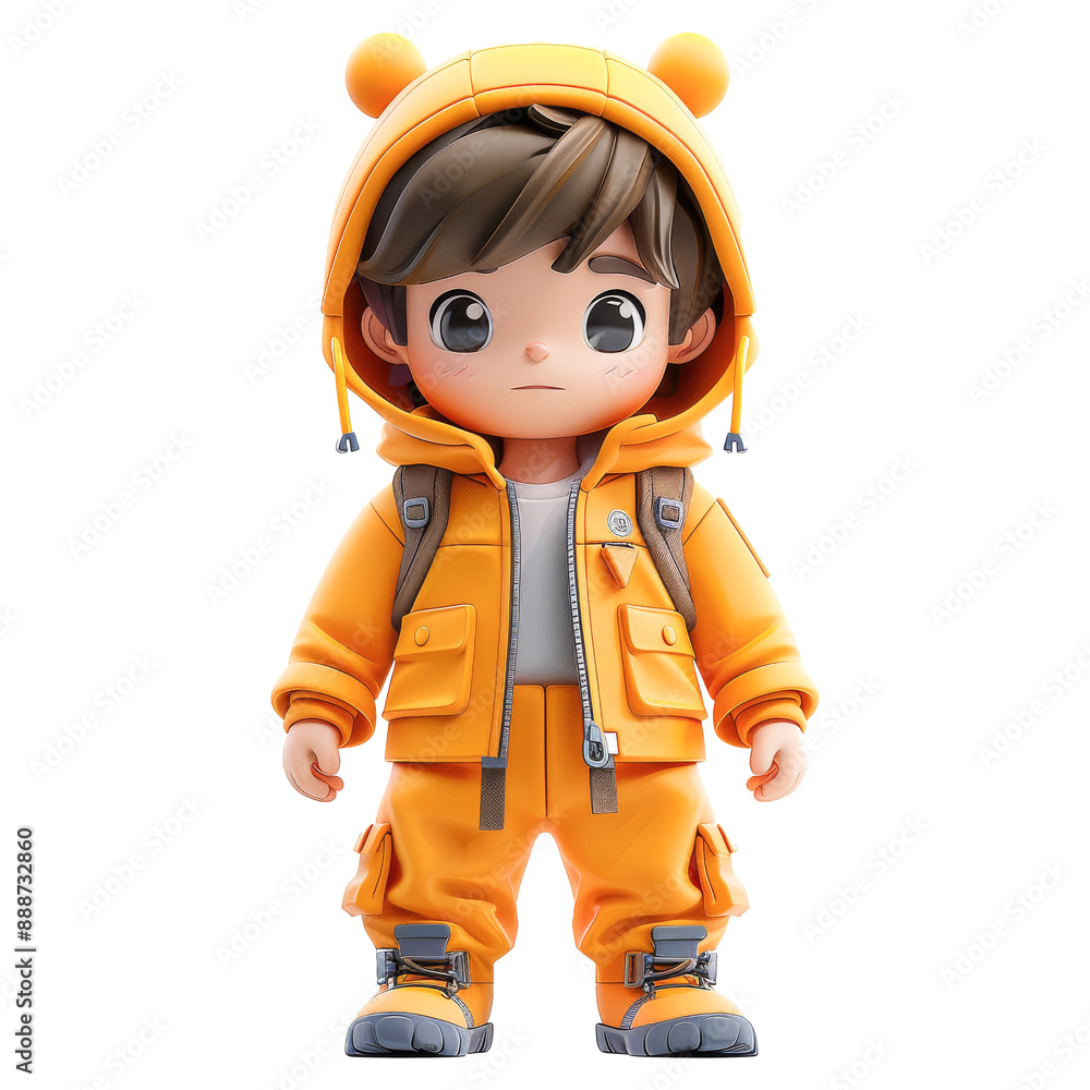 3D Rendering of Cartoon Style Male Child Character in Yellow Orange Outfit 3D Rendering of Cartoon Style Male Child Character in Yellow Orange Outfit