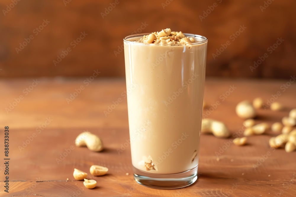Delicious cashew milk smoothie in a glass with cashews on top and around the glass. Delicious cashew milk smoothie in a glass with cashews on top and around the glass.
