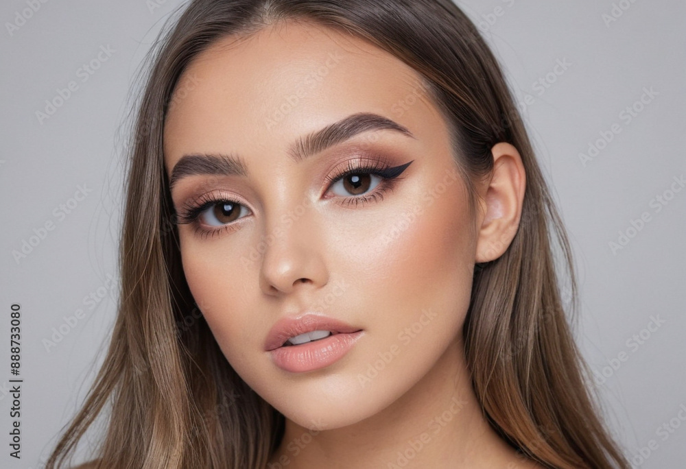 A social media user showcasing a makeup look with a simple and clean background A social media user showcasing a makeup look with a simple and clean background