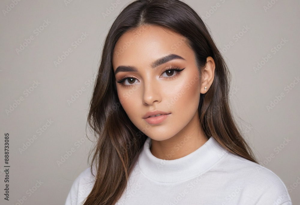 A social media user showcasing a makeup look with a simple and clean background A social media user showcasing a makeup look with a simple and clean background