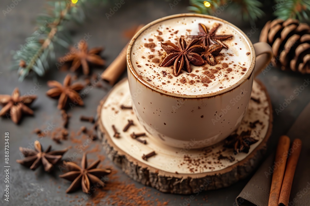 Warm spiced latte with star anise and cinnamon for winter holidays. Warm spiced latte with star anise and cinnamon for winter holidays.