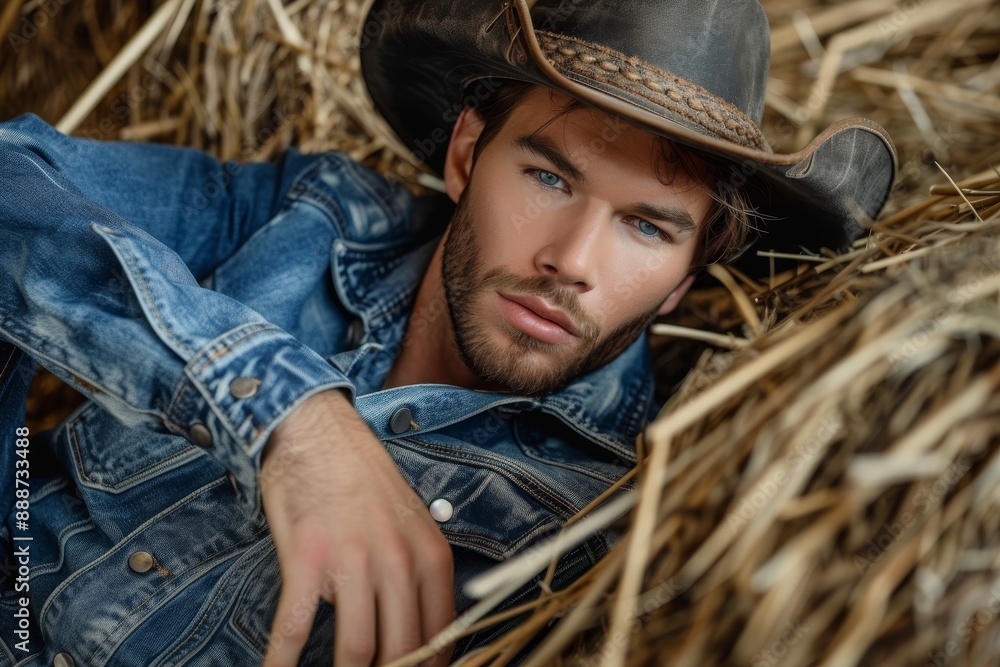 Obraz premium Western style sexy cowboy in denim fashion reclining on a haystack