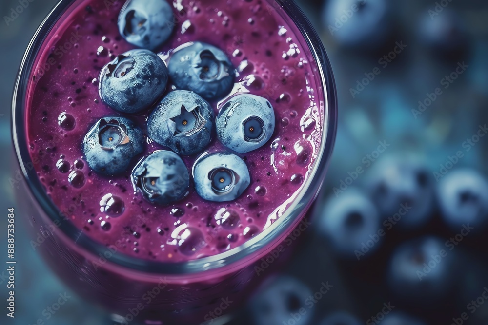 Close-up of a blueberry smoothie with fresh blueberries on top. Close-up of a blueberry smoothie with fresh blueberries on top.
