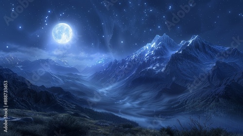 Majestic Snow-Covered Mountains Under Full Moon and Starry Sky at Night