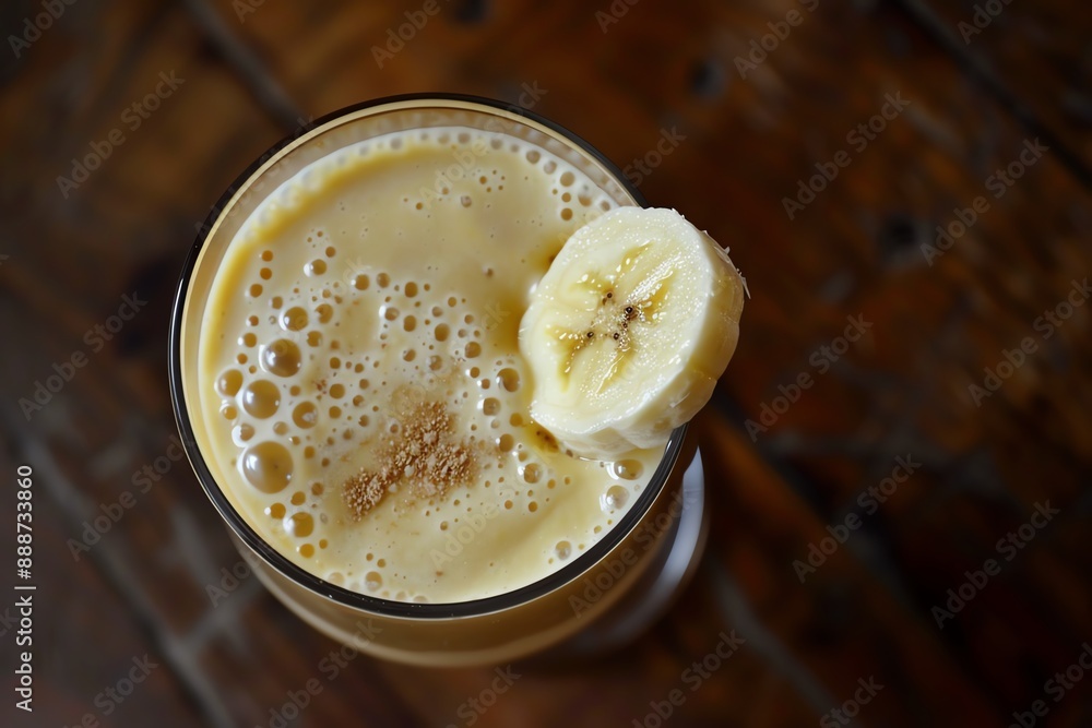 Close-up of a creamy banana smoothie with a banana slice garnish. Close-up of a creamy banana smoothie with a banana slice garnish.