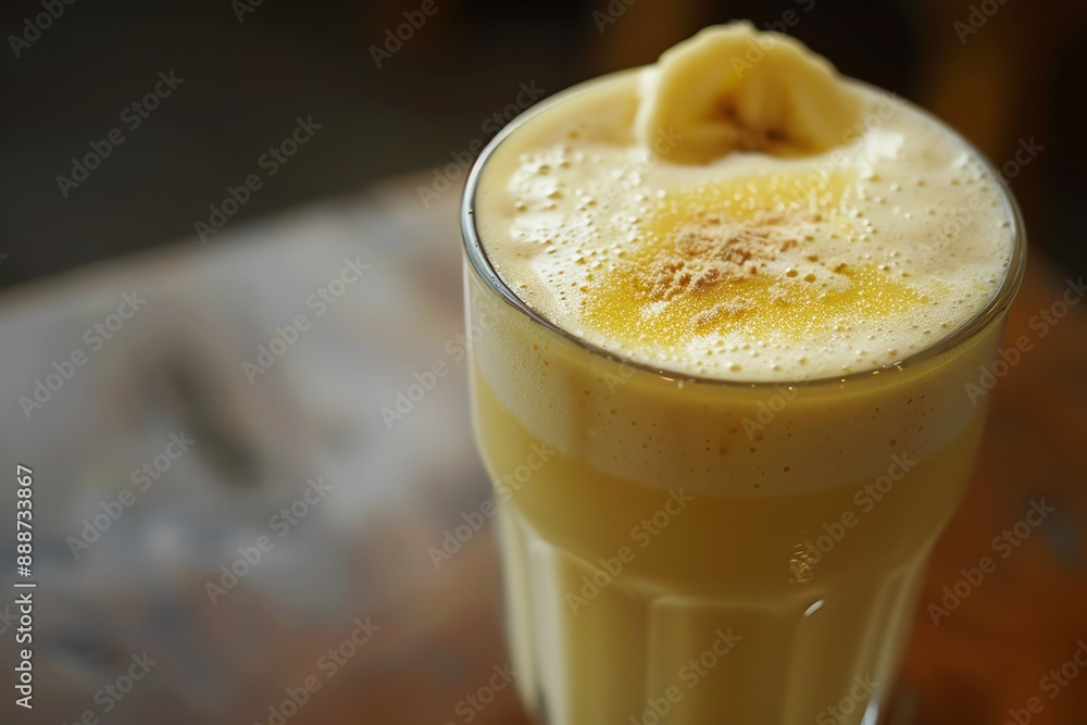 Close up of a refreshing banana smoothie with cinnamon on top. Close up of a refreshing banana smoothie with cinnamon on top.