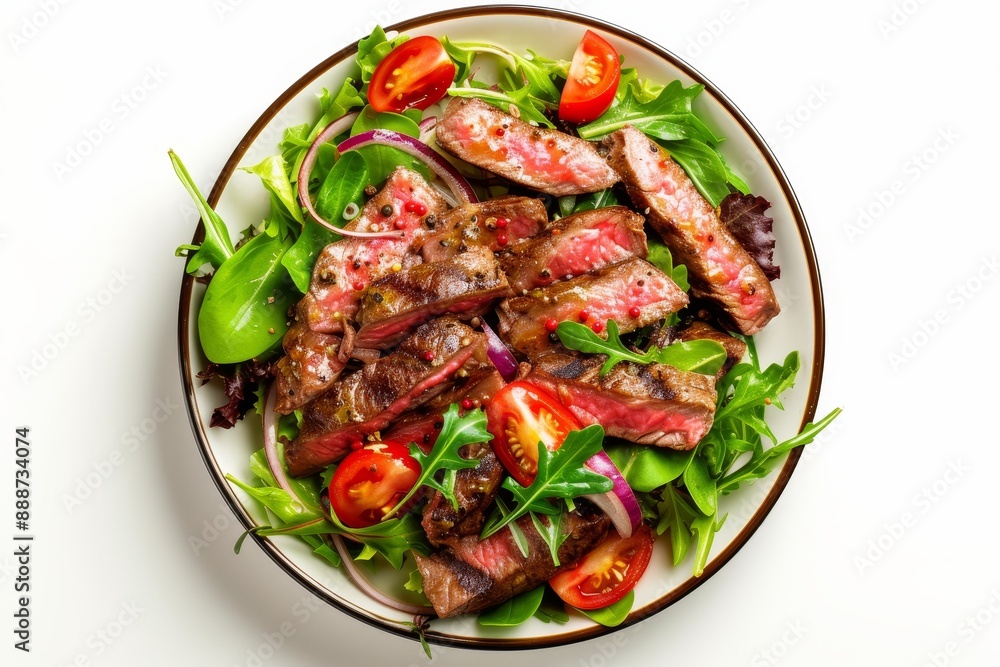 White background isolated steak salad viewed from the top White background isolated steak salad viewed from the top