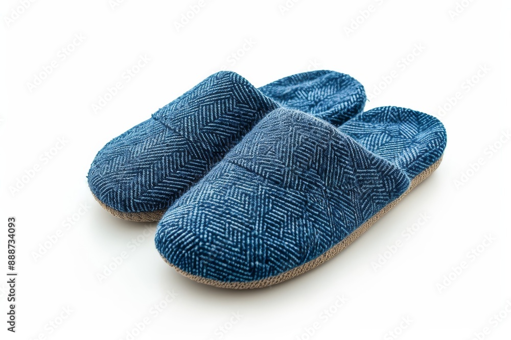 White background isolates blue textile slippers White background isolates blue textile slippers
