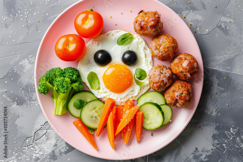 Pink plate with broccoli, fried egg, meatballs, carrot, tomatoes. Breakfast for children
