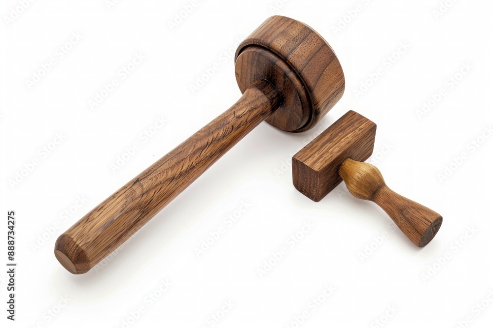 Gavel and sound block isolated on a white background, showcasing fine wood details and texture. Gavel and sound block isolated on a white background, showcasing fine wood details and texture.