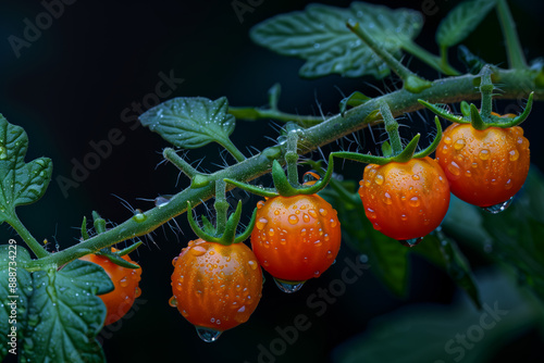 Cherry tomatoesn branch with water drops on dark background photo