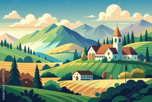 Stunning Summer Countryside Art: Idyllic Rural Landscape Illustrations & Scenic Village Backgrounds