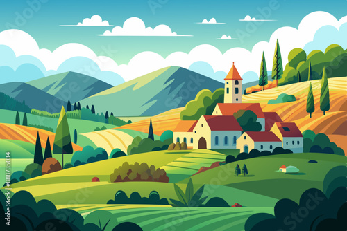 Stunning Summer Countryside Art: Idyllic Rural Landscape Illustrations & Scenic Village Backgrounds