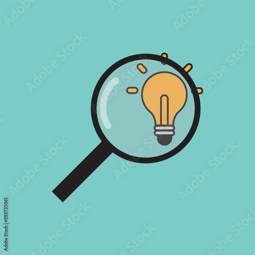 Creative idea concept, magnifying glass and light bulb icon with green background