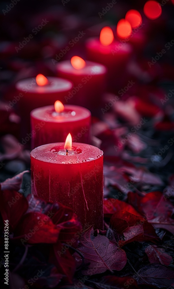 a group of red candles sitting on top of leaves. a group of red candles sitting on top of leaves.