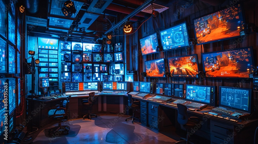 37. Halloween Day: High-tech Halloween theme park control room, ride monitors, safety systems 37. Halloween Day: High-tech Halloween theme park control room, ride monitors, safety systems