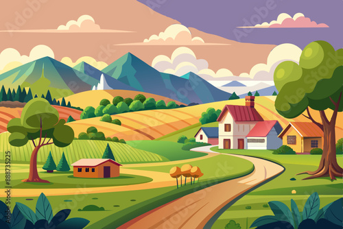 Stunning Summer Countryside Art: Idyllic Rural Landscape Illustrations & Scenic Village Backgrounds