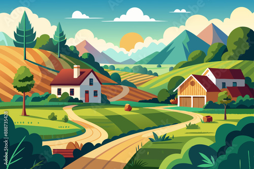 Stunning Summer Countryside Art: Idyllic Rural Landscape Illustrations & Scenic Village Backgrounds