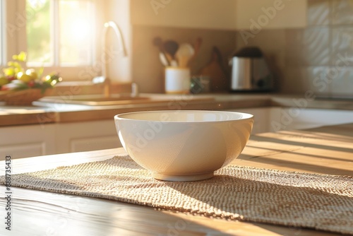 Empty cereal bowl on a breakfast table with a sunny kitchen background
