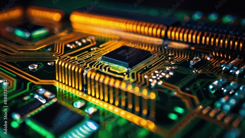 Close up of a circuit board with microchip and electronic components, perfect for illustrating technology, electronics, computing, and innovation concepts Close up of a circuit board with microchip and electronic components, perfect for illustrating technology, electronics, computing, and innovation concepts