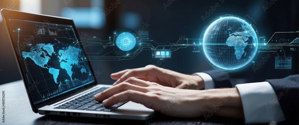 A businessman typing on a laptop with a digital globe and data overlay, symbolizing global communication, technology, and digital transformation A businessman typing on a laptop with a digital globe and data overlay, symbolizing global communication, technology, and digital transformation