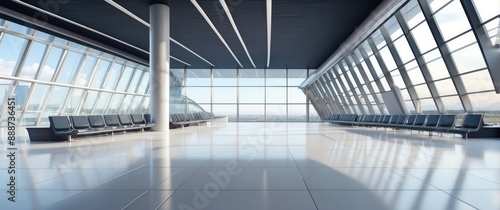 Modern, spacious airport terminal with large windows, sleek seats, and plenty of natural light, ideal for travel, transportation, and business trips