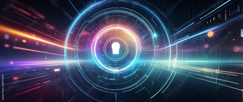 Obraz premium Futuristic digital image featuring a glowing lock symbol within a circular interface, representing technology and cybersecurity Ideal for tech related uses
