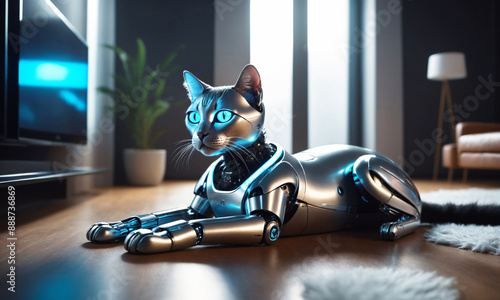 A sleek robotic cat with holographic fur lounging in a high-tech home.