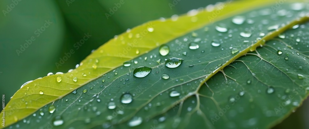 Close up of vibrant green leaves with rain droplets, highlighting nature's beauty and freshness, ideal for eco friendly and botanical concepts Close up of vibrant green leaves with rain droplets, highlighting nature's beauty and freshness, ideal for eco friendly and botanical concepts