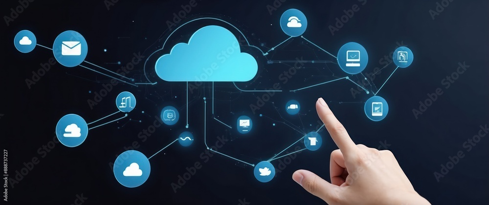 A hand interacting with a digital cloud network interface, representing cloud computing, data storage, and internet connectivity for modern technology applications