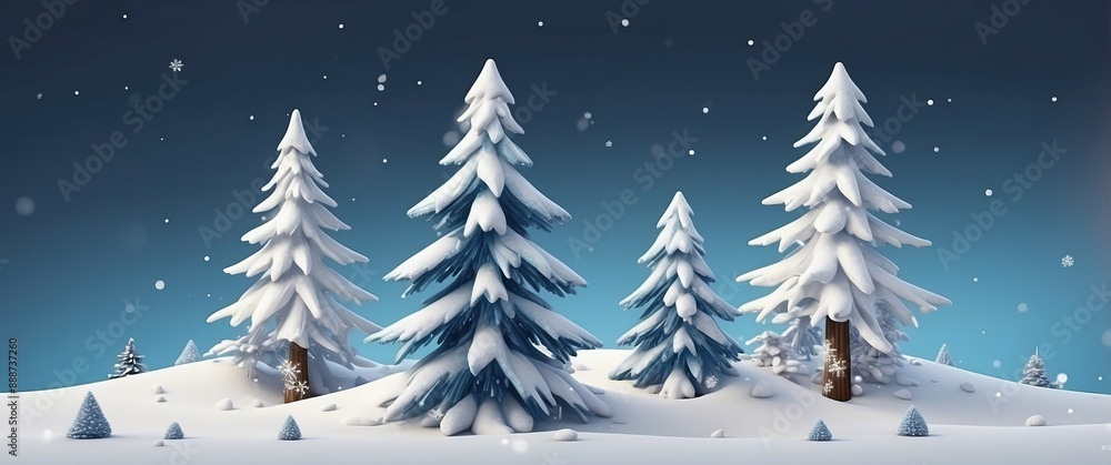 Obraz premium A serene winter landscape featuring snow covered pine trees under a calm evening sky, ideal for seasonal and holiday themed concepts and decorations