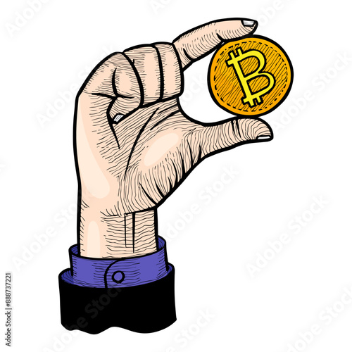Hand holding bitcoin coin. Hand drawn vector illustration.