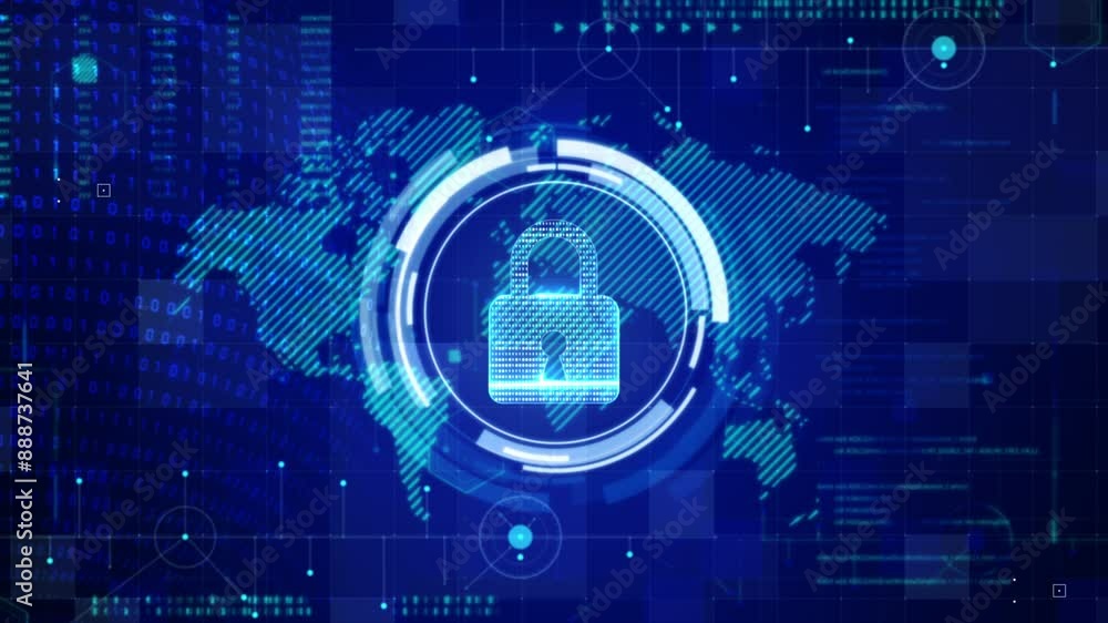 Padlock with random digital binary 0 1 element technology and security concept Padlock with random digital binary 0 1 element technology and security concept