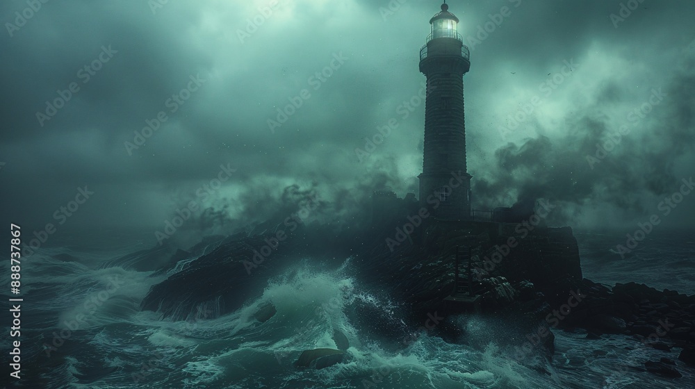 Fototapeta premium 44. Halloween Day: Haunted lighthouse, stormy seas, phantom shipwreck