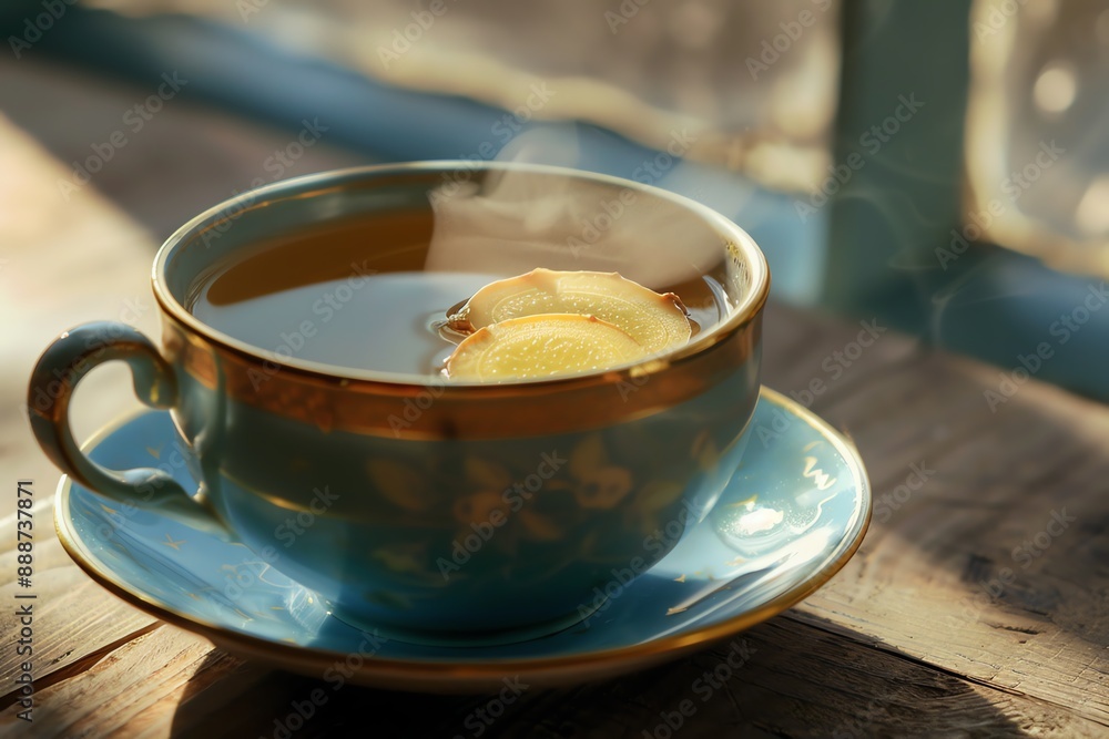 Steaming cup of tea with lemon slices on a wooden table. Steaming cup of tea with lemon slices on a wooden table.