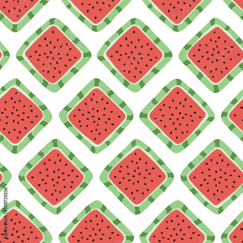 Colorful seamless pattern with hand drawn square watermelon. Trendy summer textile design. Creative fruity ornament for fabric, wrapping, stationary and other endless fill. Modern and fresh aesthetic.