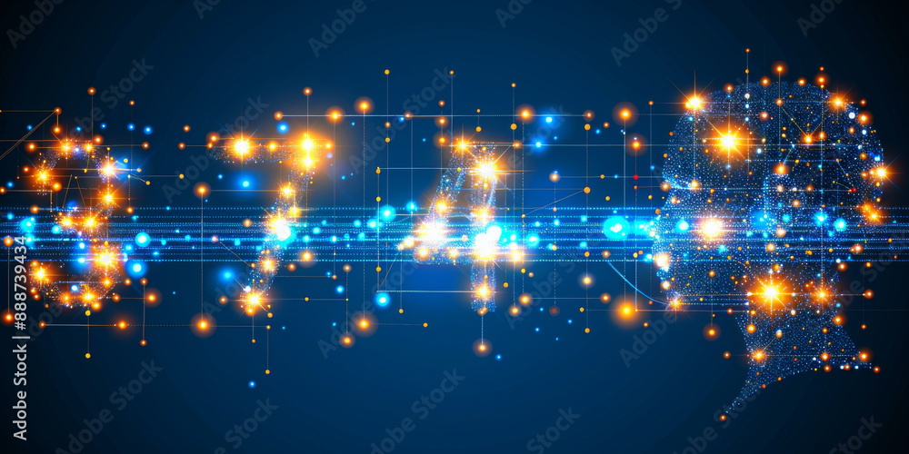 Fototapeta premium Creative polygonal head outline with brn on blue background. Artificial intelligence, innovation and machine learning concept. 3D Rendering.