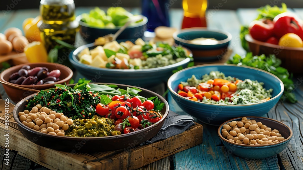 Mediterranean dishes on table with fresh vegetables, olives, chickpeas, and greens. Healthy, colorful, home-made meal. Mediterranean dishes on table with fresh vegetables, olives, chickpeas, and greens. Healthy, colorful, home-made meal.