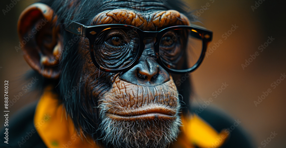 Wise Elderly Chimpanzee Wearing Eyeglasses for Intelligence and Experience Symbolism, Close-Up Portrait with Thoughtful Expression in Warm Lighting Wise Elderly Chimpanzee Wearing Eyeglasses for Intelligence and Experience Symbolism, Close-Up Portrait with Thoughtful Expression in Warm Lighting