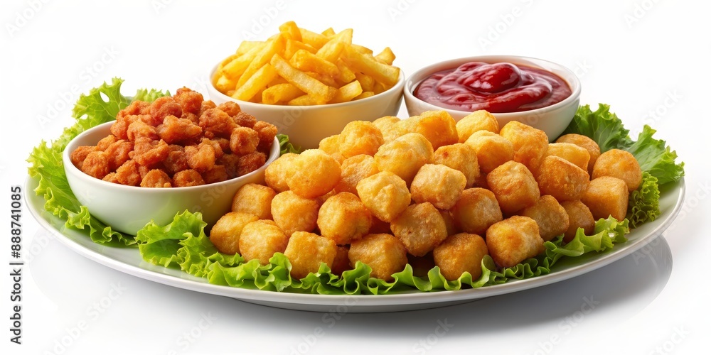 Crispy Potato Bites with Fries and Ketchup on White Plate, potato bites, crispy snacks, fried food, appetizer,