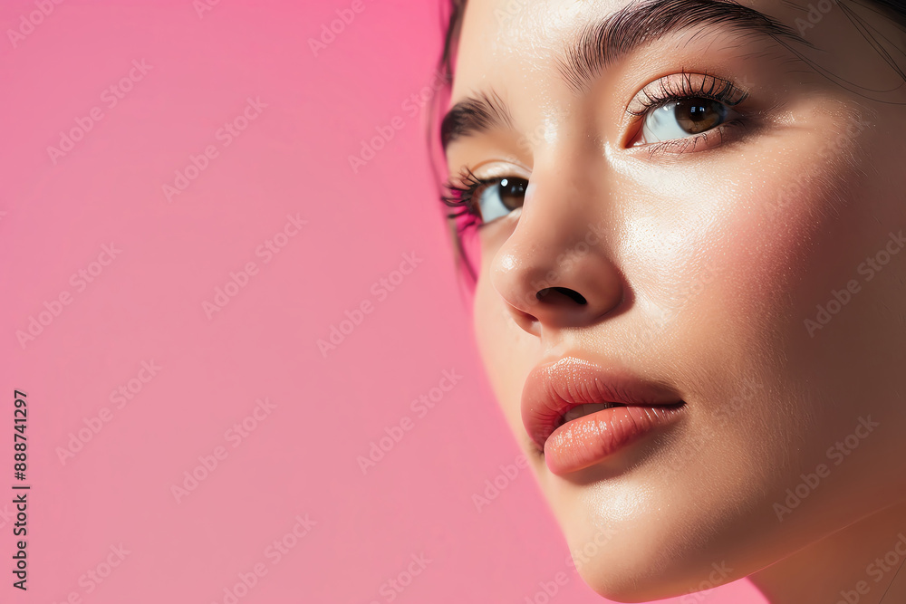 Young Asian woman, glowing fresh skin, pink background, natural look, face care theme, vibrant and clear digital art Young Asian woman, glowing fresh skin, pink background, natural look, face care theme, vibrant and clear digital art