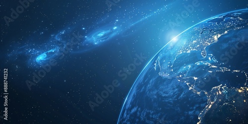 Fototapeta Naklejka Na Ścianę i Meble -  Earth from space showing North and South America with a beautiful blue light spiral in the background