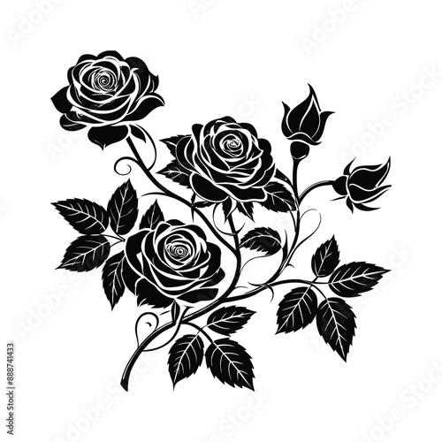 Rose and other floral silhoutte,vector art and illustration
