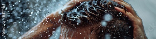 Creative Man Washing Hair with Shampoo in Shower, Eyes Closed Under Running Water. Male Hair Care and Grooming Concept, Ideal for Body Wash Commercial Ads or Summer Party Invitations, Men's Charm Care