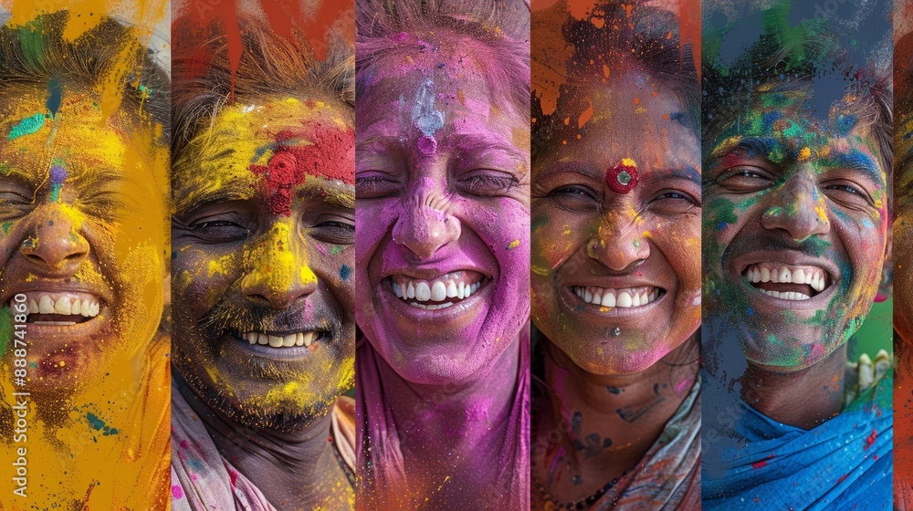 Obraz premium Vibrant Holi Celebrations Captured Through Expressive Portraits, Showcasing Laughter, Joy, and Reflective Moments, Great for Art Exhibitions and Cultural Events