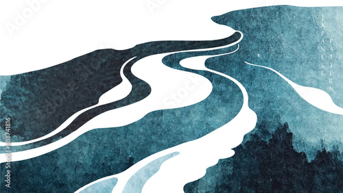 Blue Japanese background with hand drawn wave in vintage style. Abstract art chinese landscape banner design. Water surface element.
