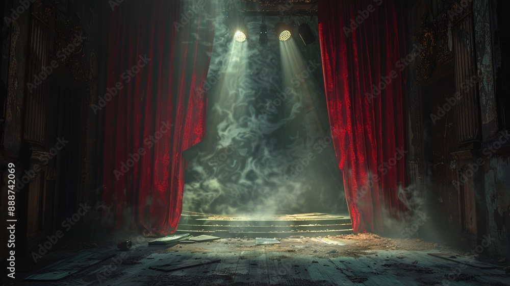 Obraz premium 14. Halloween Day: Haunted theater, phantom spotlight, tattered curtains