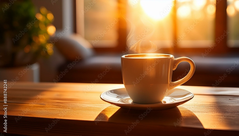 Obraz premium 日の光を眺めながら飲むコーヒー